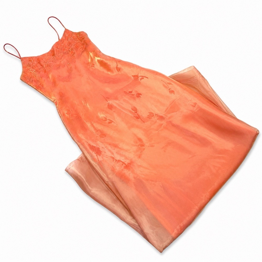 VTG Coral Orange 90s Y2K Iridescent Slip Gala Formal Flower Rhinestone Dress S